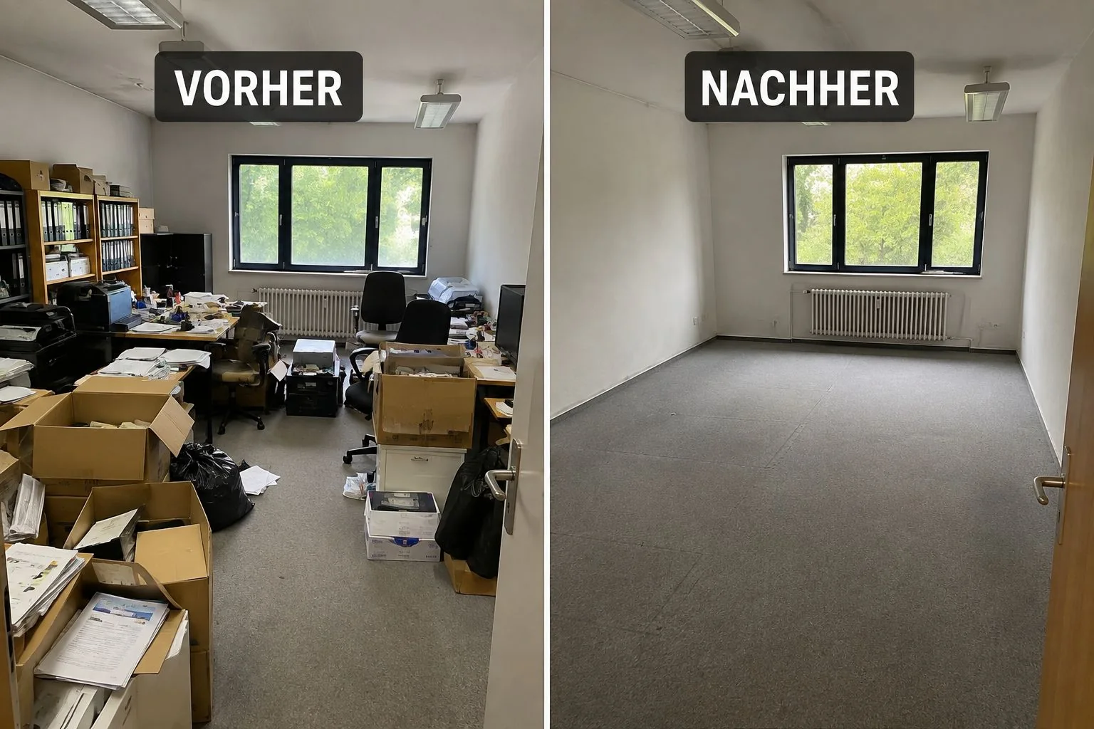 Vorher-Nachher-Vergleich einer Büroräumung: vollgestelltes Büro vor der Räumung und leerer Raum danach