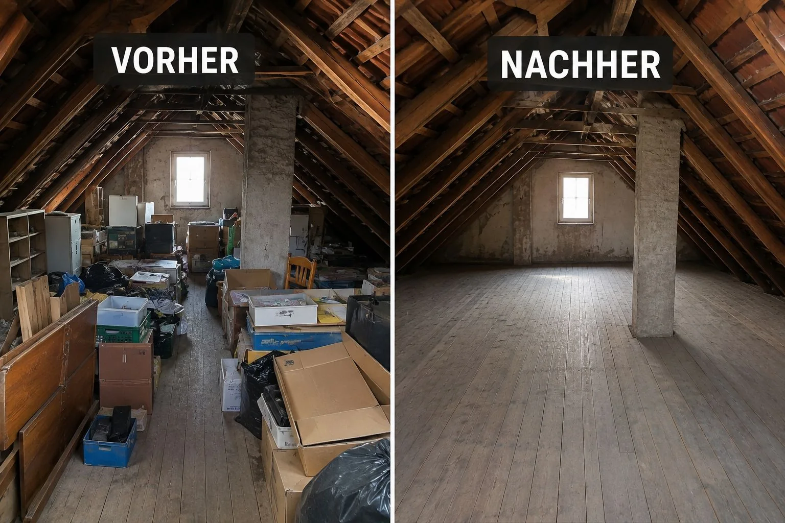 Vorher-Nachher-Vergleich einer Dachbodenentrümpelung: vollgestellter Dachboden vor der Räumung und leerer, besenreiner Dachboden danach