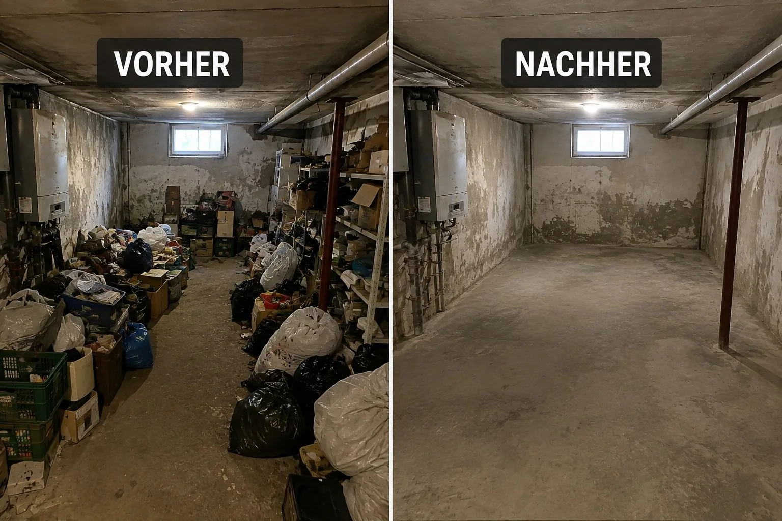 Vorher-Nachher-Vergleich einer Kellerentrümpelung: voller Keller vor der Räumung und vollständig geräumter Keller danach